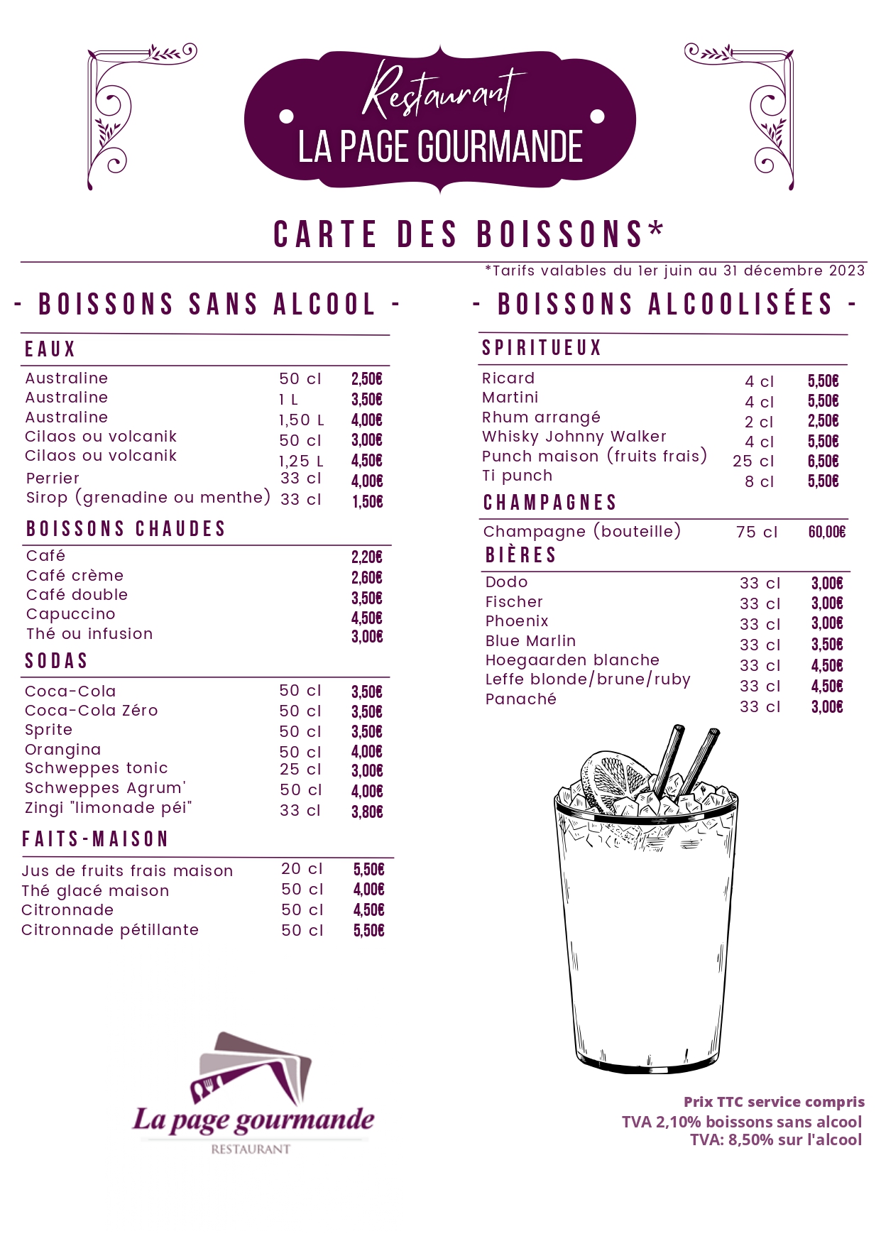 Carte des Boissons sur place